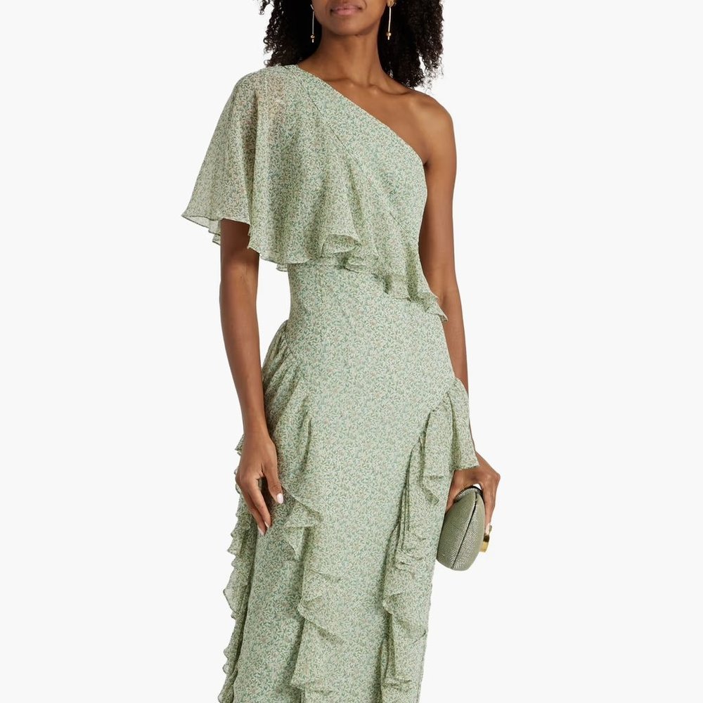 NWOT Mikael Aghal one-shoulder printed chiffon gown